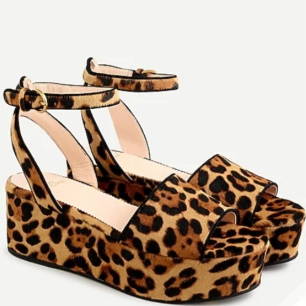 New in Box sz 9 JCrew Leopard Flatform Platform Ankle Strap Calf Hair Sandal